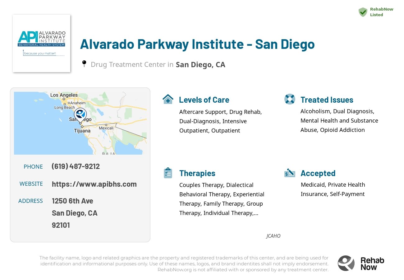 Helpful reference information for Alvarado Parkway Institute - San Diego, a drug treatment center in California located at: 1250 6th Ave, San Diego, CA 92101, including phone numbers, official website, and more. Listed briefly is an overview of Levels of Care, Therapies Offered, Issues Treated, and accepted forms of Payment Methods.