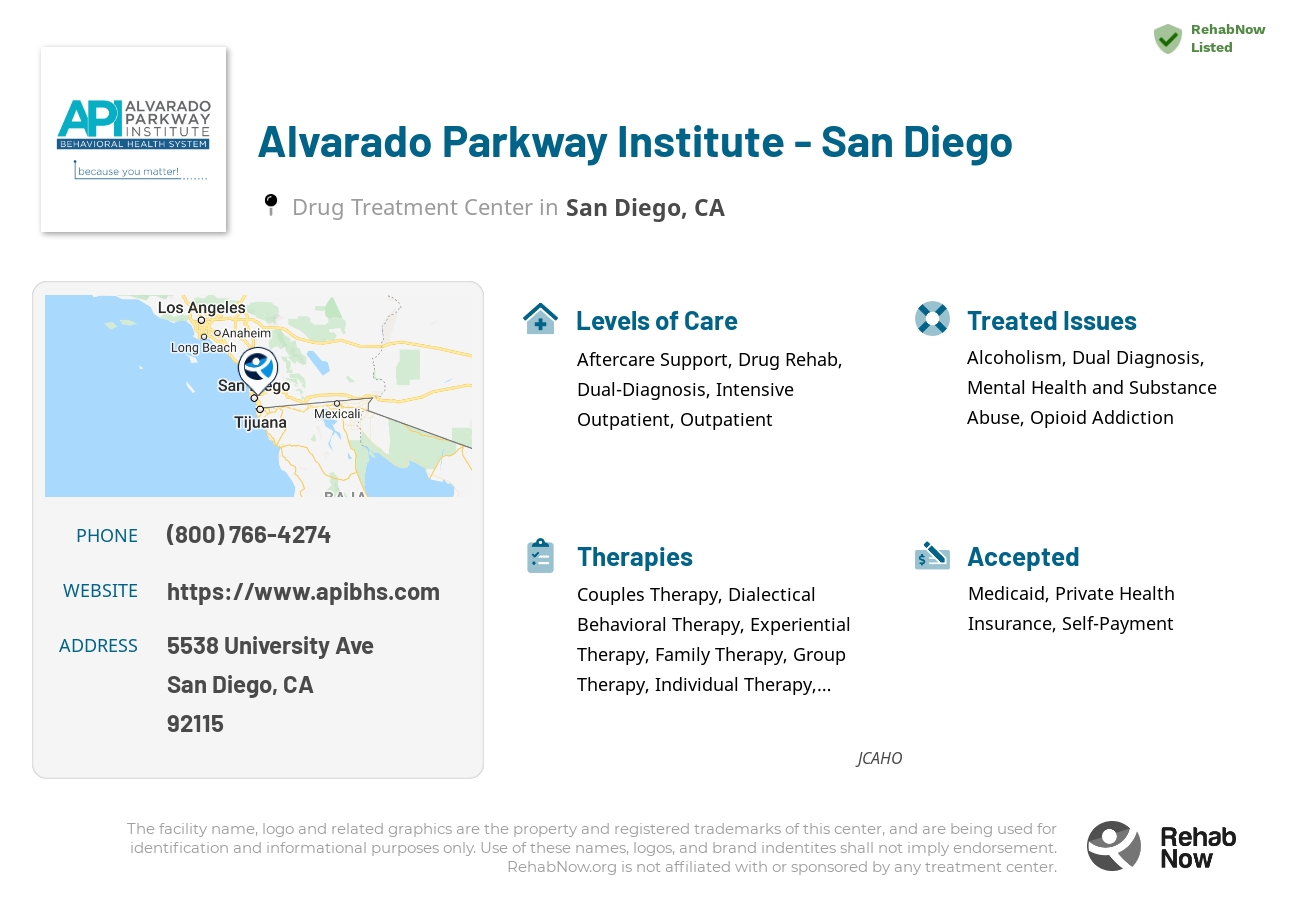 Helpful reference information for Alvarado Parkway Institute - San Diego, a drug treatment center in California located at: 5538 University Ave, San Diego, CA 92115, including phone numbers, official website, and more. Listed briefly is an overview of Levels of Care, Therapies Offered, Issues Treated, and accepted forms of Payment Methods.