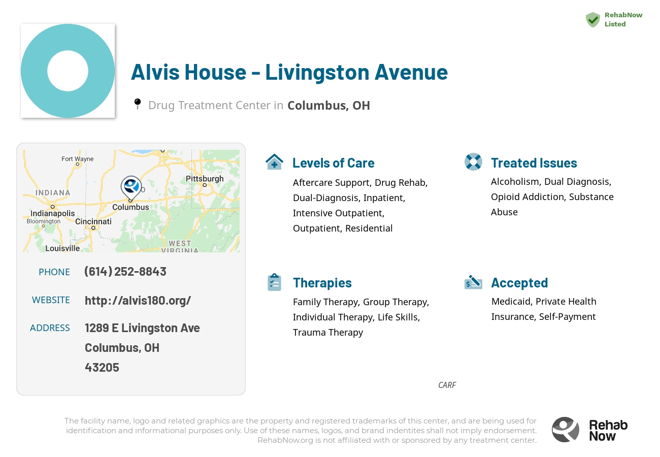 Helpful reference information for Alvis House - Livingston Avenue, a drug treatment center in Ohio located at: 1289 E Livingston Ave, Columbus, OH 43205, including phone numbers, official website, and more. Listed briefly is an overview of Levels of Care, Therapies Offered, Issues Treated, and accepted forms of Payment Methods.