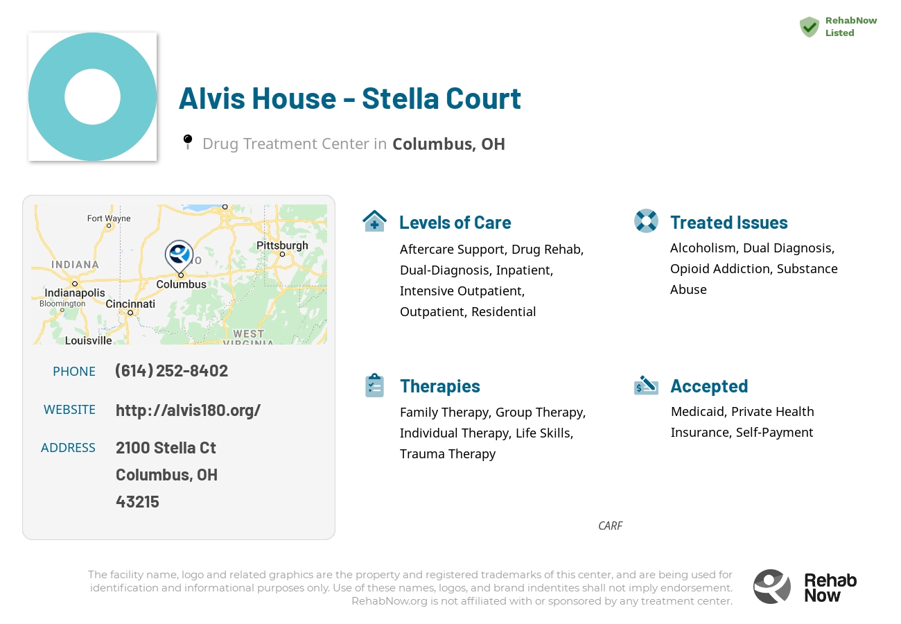 Helpful reference information for Alvis House - Stella Court, a drug treatment center in Ohio located at: 2100 Stella Ct, Columbus, OH 43215, including phone numbers, official website, and more. Listed briefly is an overview of Levels of Care, Therapies Offered, Issues Treated, and accepted forms of Payment Methods.