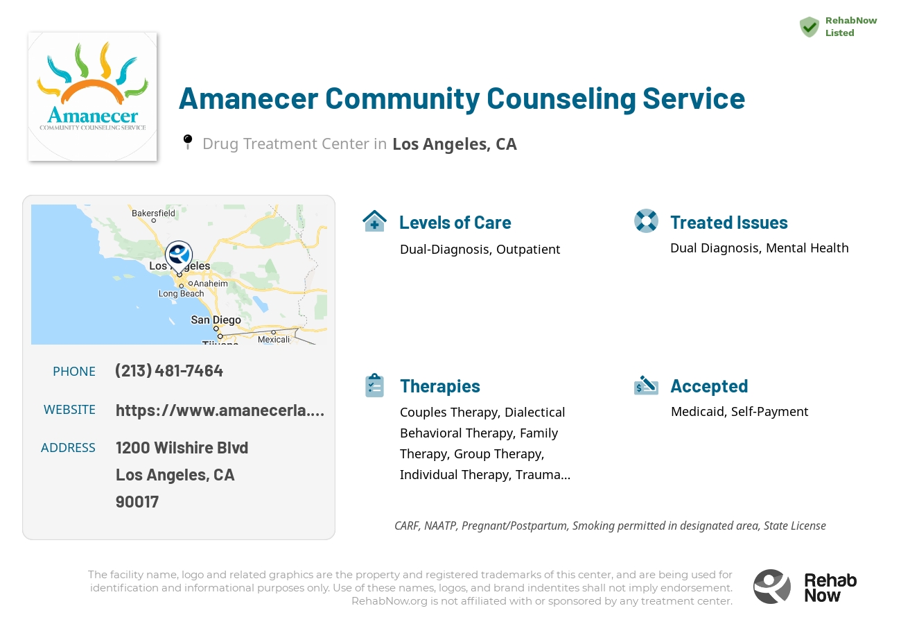 Helpful reference information for Amanecer Community Counseling Service, a drug treatment center in California located at: 1200 Wilshire Blvd, Los Angeles, CA 90017, including phone numbers, official website, and more. Listed briefly is an overview of Levels of Care, Therapies Offered, Issues Treated, and accepted forms of Payment Methods.