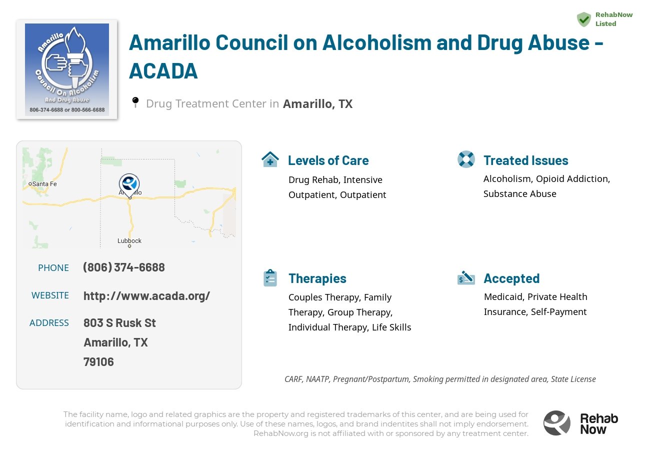 Helpful reference information for Amarillo Council on Alcoholism and Drug Abuse - ACADA, a drug treatment center in Texas located at: 803 S Rusk St, Amarillo, TX 79106, including phone numbers, official website, and more. Listed briefly is an overview of Levels of Care, Therapies Offered, Issues Treated, and accepted forms of Payment Methods.