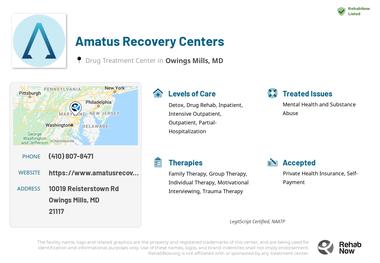 Helpful reference information for Amatus Recovery Centers, a drug treatment center in Maryland located at: 10019 Reisterstown Rd, Owings Mills, MD, 21117, including phone numbers, official website, and more. Listed briefly is an overview of Levels of Care, Therapies Offered, Issues Treated, and accepted forms of Payment Methods.