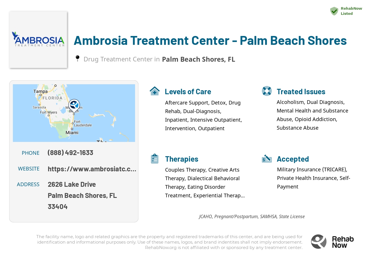 Helpful reference information for Ambrosia Treatment Center - Palm Beach Shores, a drug treatment center in Florida located at: 2626 Lake Drive, Palm Beach Shores, FL, 33404, including phone numbers, official website, and more. Listed briefly is an overview of Levels of Care, Therapies Offered, Issues Treated, and accepted forms of Payment Methods.