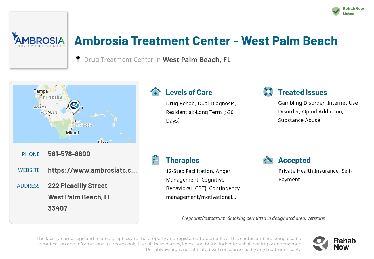 Helpful reference information for Ambrosia Treatment Center - West Palm Beach, a drug treatment center in Florida located at: 222 Picadilly Street, West Palm Beach, FL 33407, including phone numbers, official website, and more. Listed briefly is an overview of Levels of Care, Therapies Offered, Issues Treated, and accepted forms of Payment Methods.