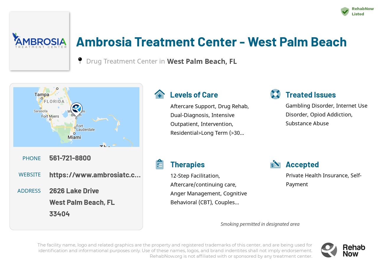 Helpful reference information for Ambrosia Treatment Center - West Palm Beach, a drug treatment center in Florida located at: 2626 Lake Drive, West Palm Beach, FL 33404, including phone numbers, official website, and more. Listed briefly is an overview of Levels of Care, Therapies Offered, Issues Treated, and accepted forms of Payment Methods.