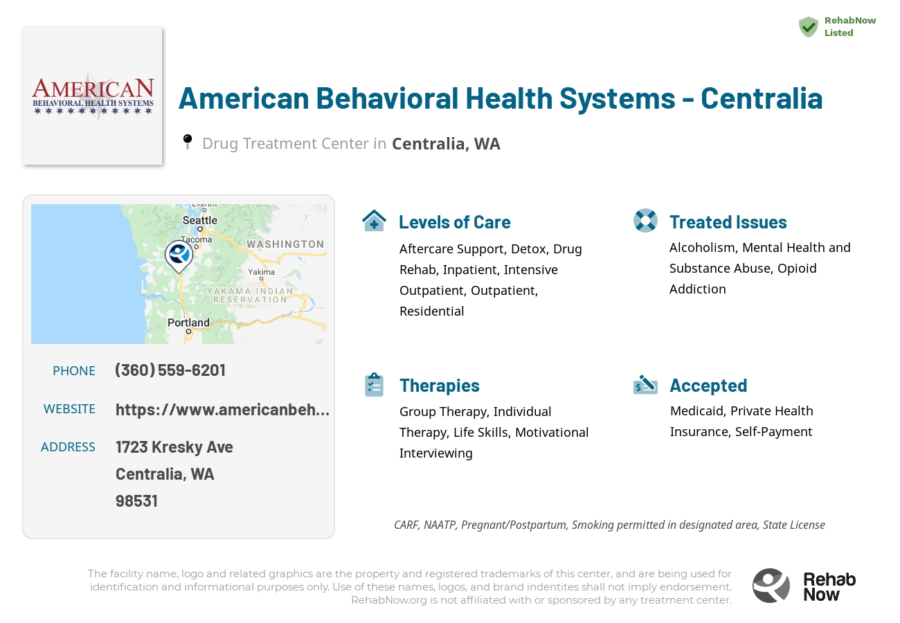 Helpful reference information for American Behavioral Health Systems - Centralia, a drug treatment center in Washington located at: 1723 Kresky Ave, Centralia, WA 98531, including phone numbers, official website, and more. Listed briefly is an overview of Levels of Care, Therapies Offered, Issues Treated, and accepted forms of Payment Methods.