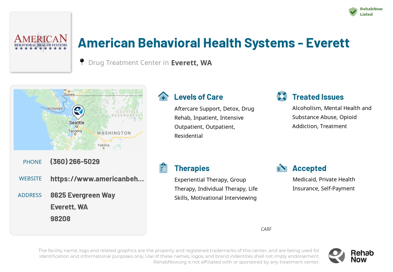 Helpful reference information for American Behavioral Health Systems - Everett, a drug treatment center in Washington located at: 8625 Evergreen Way, Everett, WA 98208, including phone numbers, official website, and more. Listed briefly is an overview of Levels of Care, Therapies Offered, Issues Treated, and accepted forms of Payment Methods.