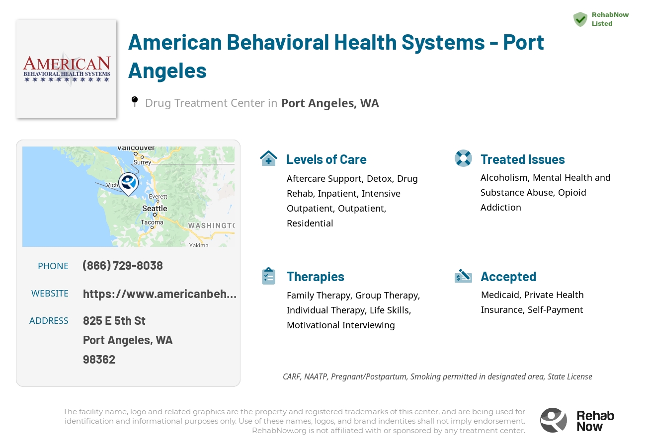 Helpful reference information for American Behavioral Health Systems - Port Angeles, a drug treatment center in Washington located at: 825 E 5th St, Port Angeles, WA 98362, including phone numbers, official website, and more. Listed briefly is an overview of Levels of Care, Therapies Offered, Issues Treated, and accepted forms of Payment Methods.