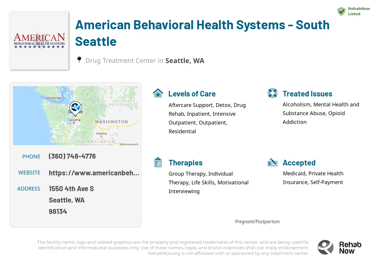 Helpful reference information for American Behavioral Health Systems - South Seattle, a drug treatment center in Washington located at: 1550 4th Ave S, Seattle, WA 98134, including phone numbers, official website, and more. Listed briefly is an overview of Levels of Care, Therapies Offered, Issues Treated, and accepted forms of Payment Methods.