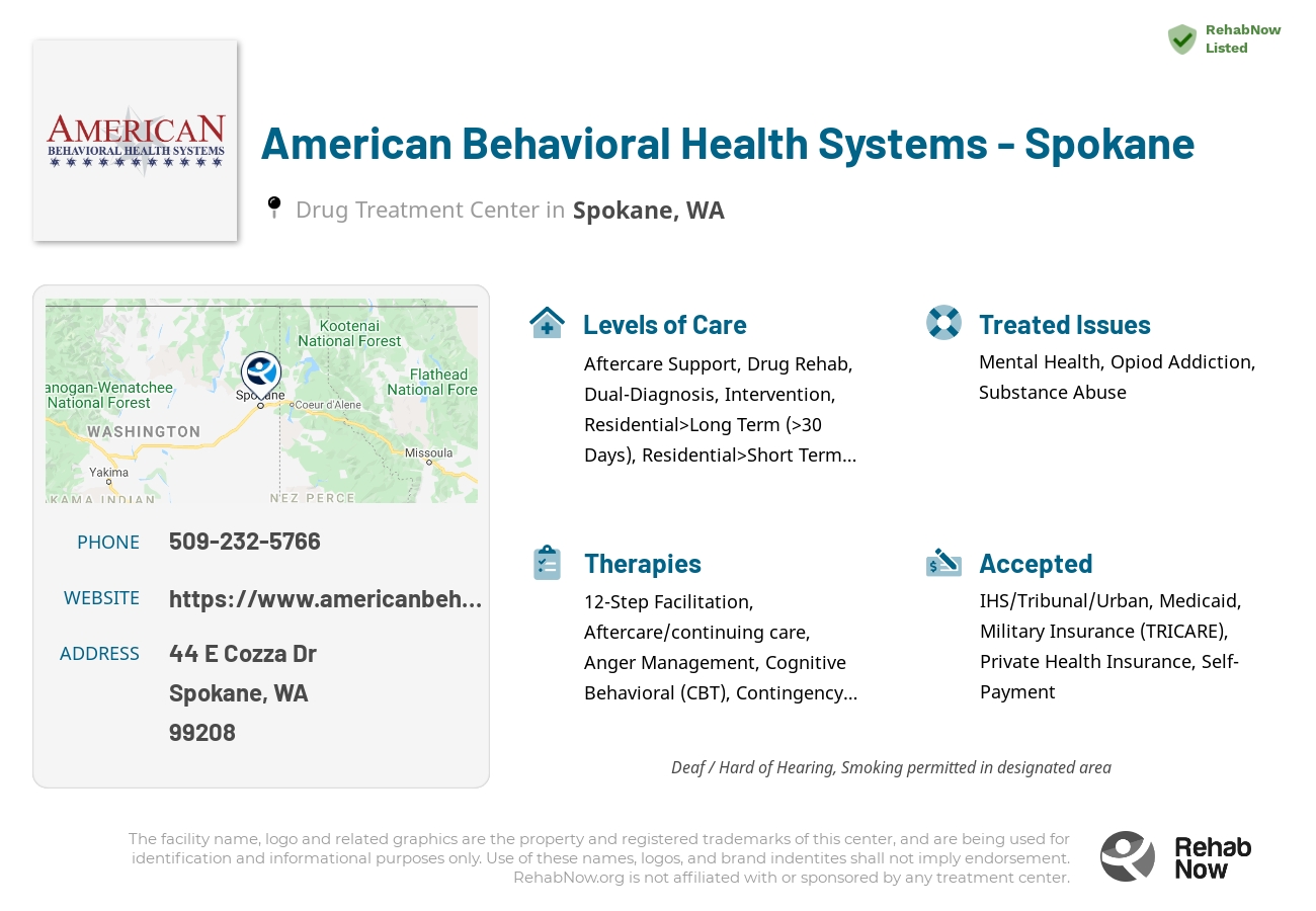 Helpful reference information for American Behavioral Health Systems - Spokane, a drug treatment center in Washington located at: 44 E Cozza Dr, Spokane, WA 99208, including phone numbers, official website, and more. Listed briefly is an overview of Levels of Care, Therapies Offered, Issues Treated, and accepted forms of Payment Methods.