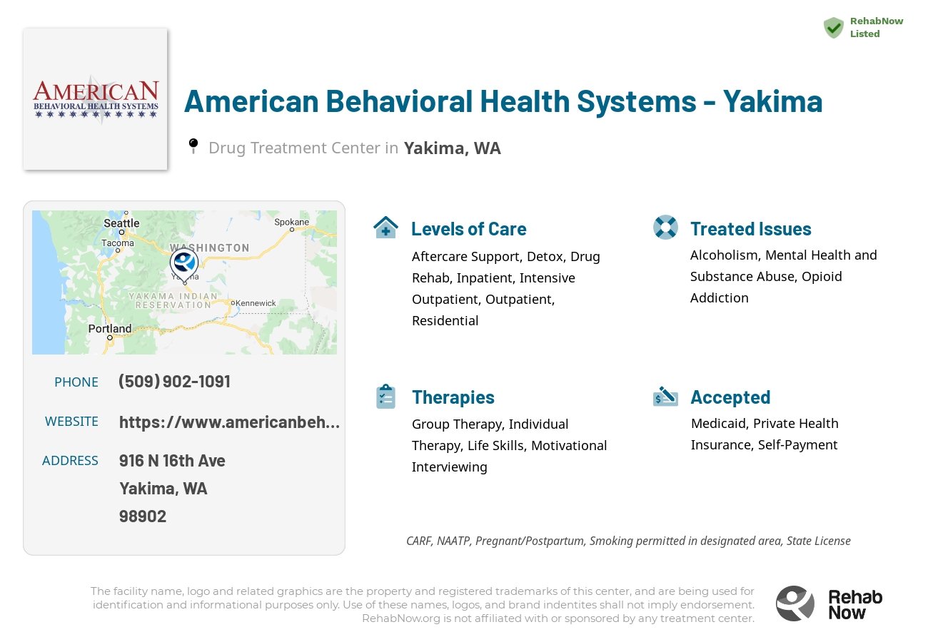 Helpful reference information for American Behavioral Health Systems - Yakima, a drug treatment center in Washington located at: 916 N 16th Ave, Yakima, WA 98902, including phone numbers, official website, and more. Listed briefly is an overview of Levels of Care, Therapies Offered, Issues Treated, and accepted forms of Payment Methods.