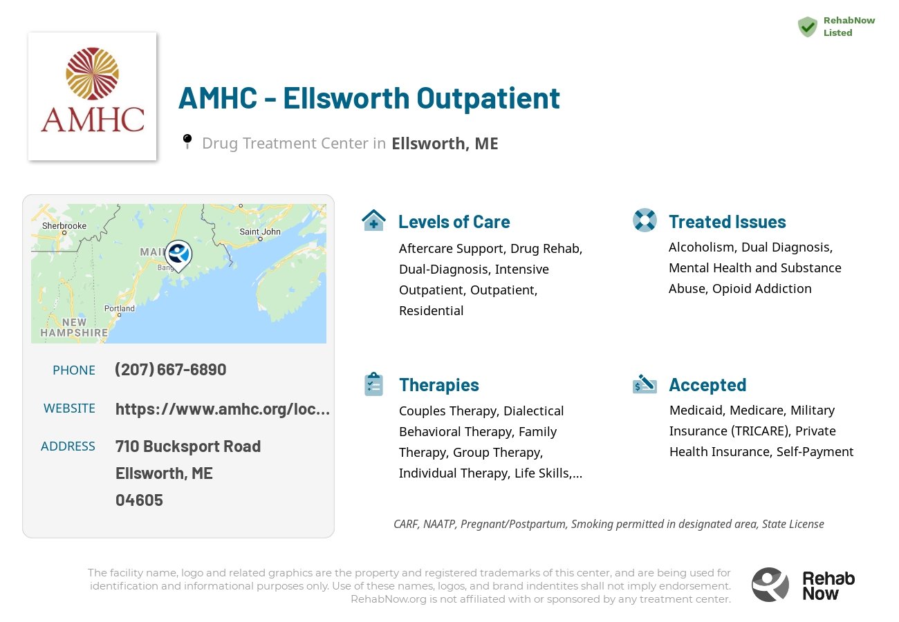 Helpful reference information for AMHC - Ellsworth Outpatient, a drug treatment center in Maine located at: 710 Bucksport Road, Ellsworth, ME, 04605, including phone numbers, official website, and more. Listed briefly is an overview of Levels of Care, Therapies Offered, Issues Treated, and accepted forms of Payment Methods.