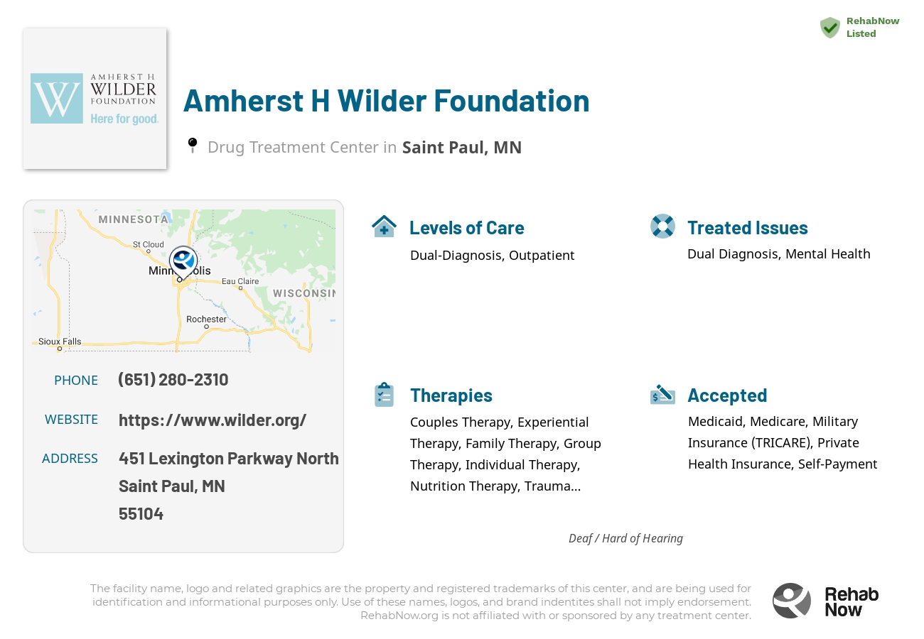 Helpful reference information for Amherst H Wilder Foundation, a drug treatment center in Minnesota located at: 451 451 Lexington Parkway North, Saint Paul, MN 55104, including phone numbers, official website, and more. Listed briefly is an overview of Levels of Care, Therapies Offered, Issues Treated, and accepted forms of Payment Methods.