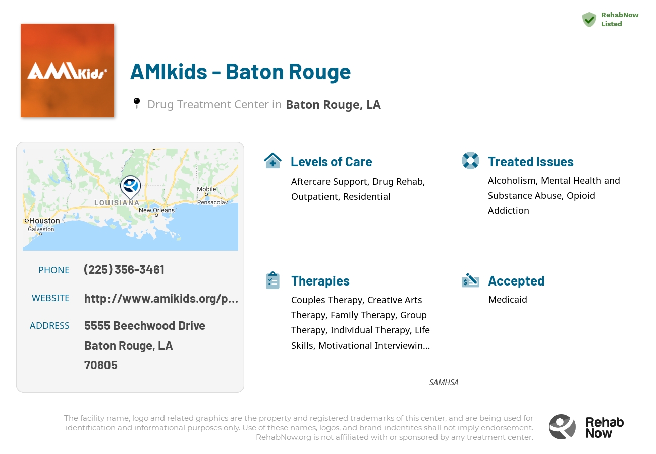 Helpful reference information for AMIkids - Baton Rouge, a drug treatment center in Louisiana located at: 5555 Beechwood Drive, Baton Rouge, LA, 70805, including phone numbers, official website, and more. Listed briefly is an overview of Levels of Care, Therapies Offered, Issues Treated, and accepted forms of Payment Methods.