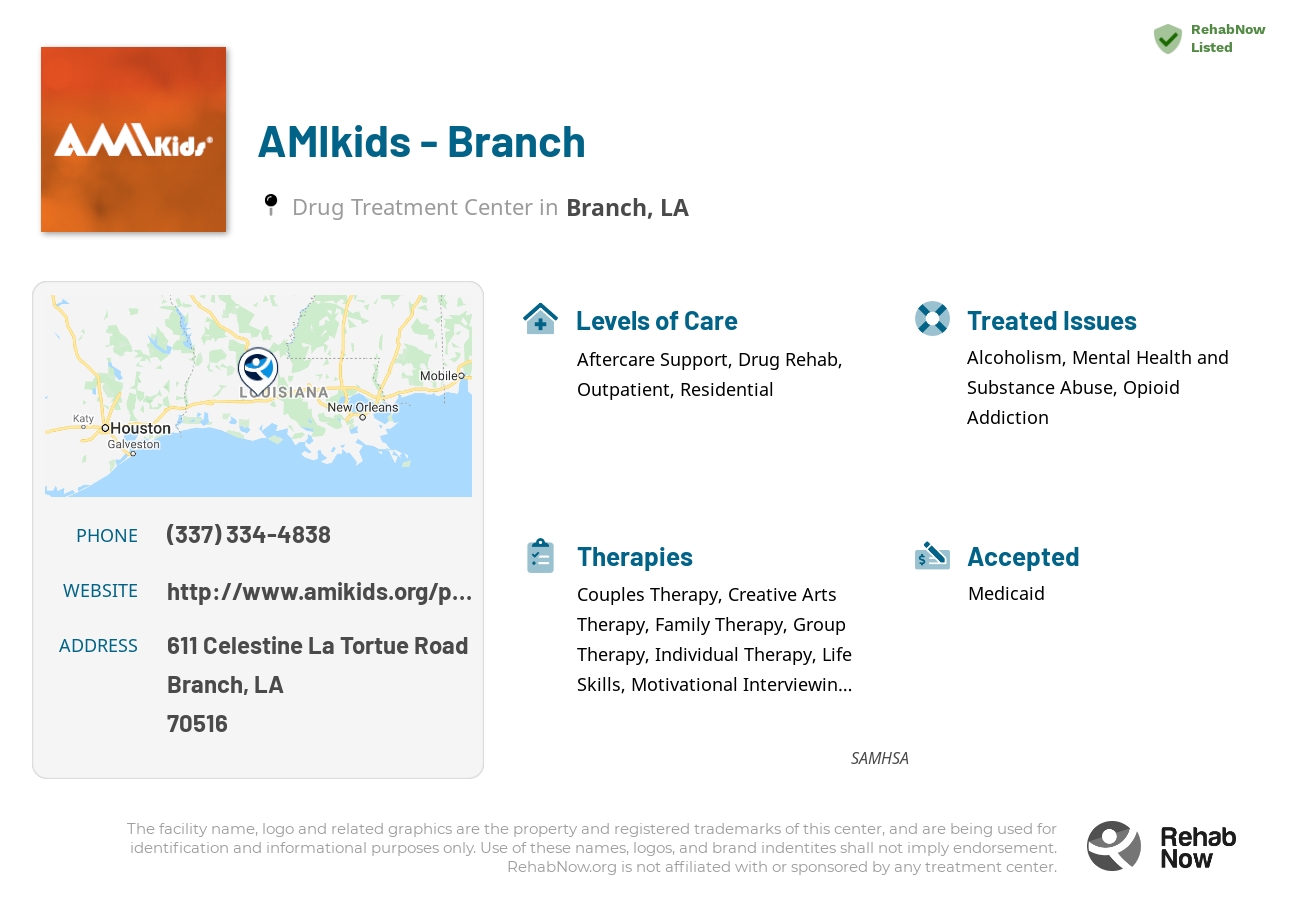Helpful reference information for AMIkids - Branch, a drug treatment center in Louisiana located at: 611 Celestine La Tortue Road, Branch, LA, 70516, including phone numbers, official website, and more. Listed briefly is an overview of Levels of Care, Therapies Offered, Issues Treated, and accepted forms of Payment Methods.