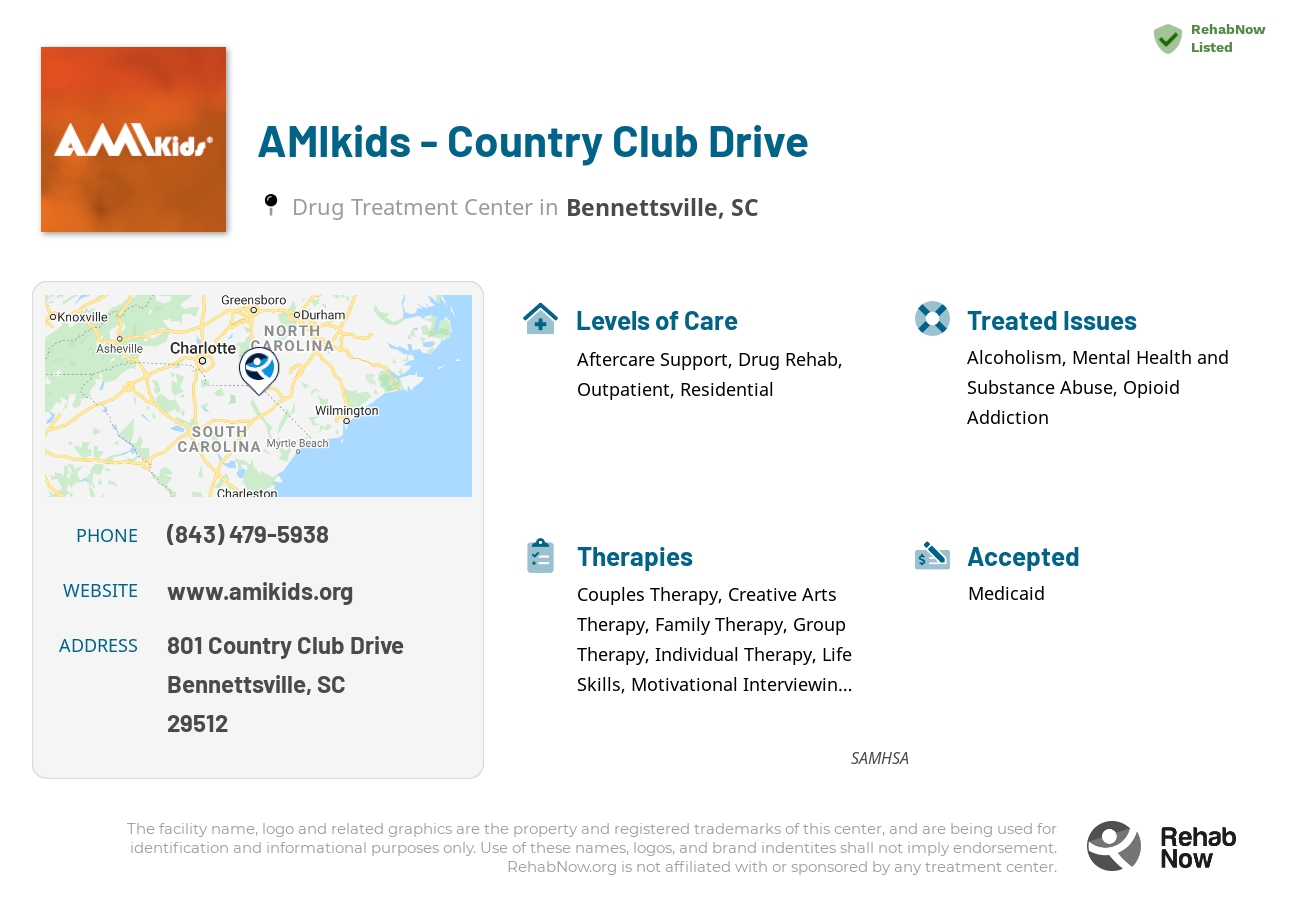 Helpful reference information for AMIkids - Country Club Drive, a drug treatment center in South Carolina located at: 801 801 Country Club Drive, Bennettsville, SC 29512, including phone numbers, official website, and more. Listed briefly is an overview of Levels of Care, Therapies Offered, Issues Treated, and accepted forms of Payment Methods.