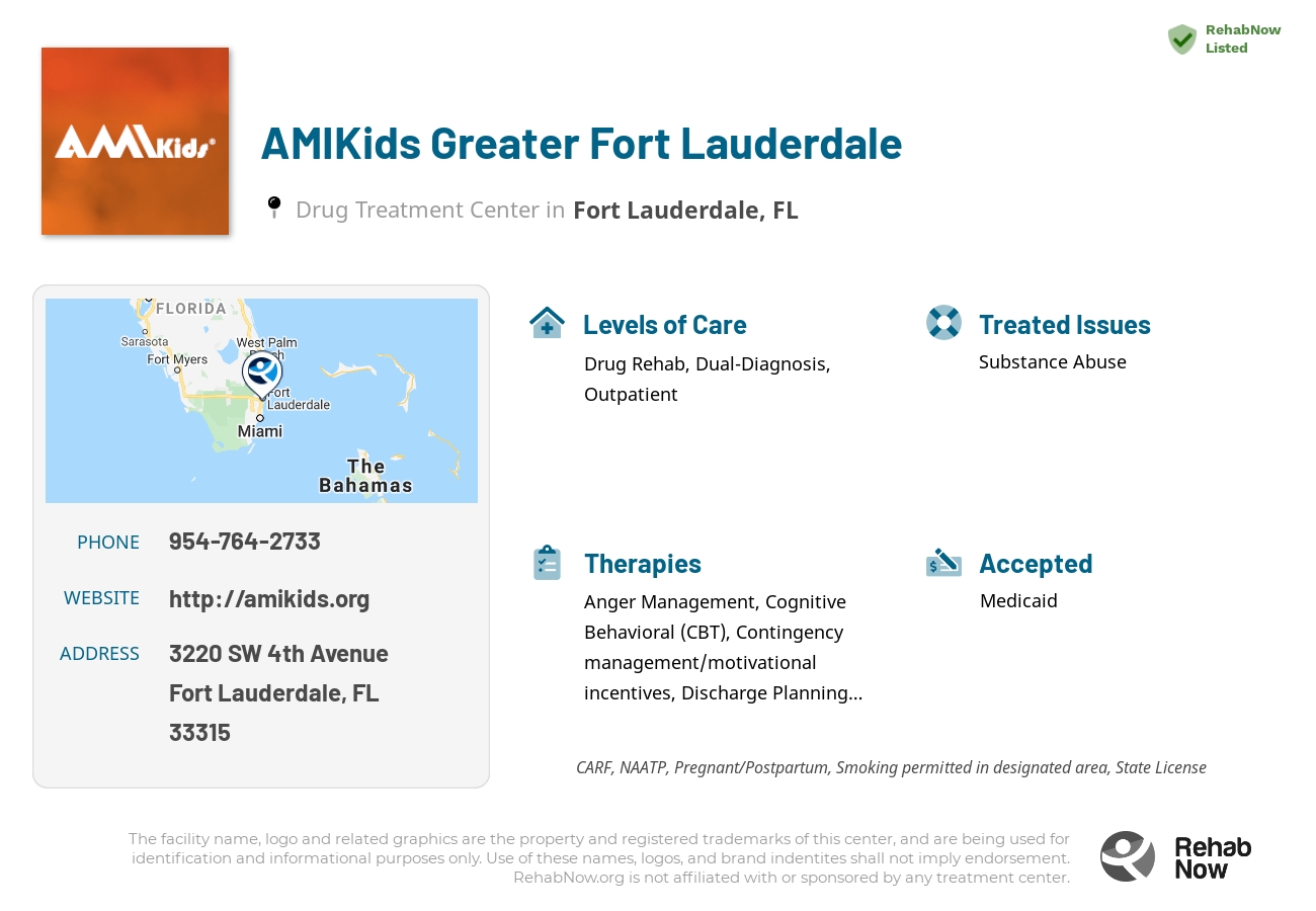 Helpful reference information for AMIKids Greater Fort Lauderdale, a drug treatment center in Florida located at: 3220 SW 4th Avenue, Fort Lauderdale, FL 33315, including phone numbers, official website, and more. Listed briefly is an overview of Levels of Care, Therapies Offered, Issues Treated, and accepted forms of Payment Methods.