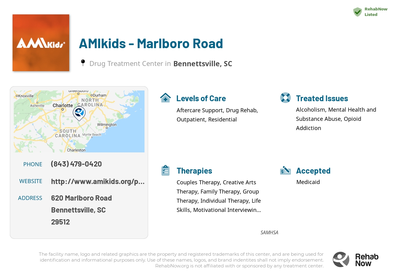 Helpful reference information for AMIkids - Marlboro Road, a drug treatment center in South Carolina located at: 620 620 Marlboro Road, Bennettsville, SC 29512, including phone numbers, official website, and more. Listed briefly is an overview of Levels of Care, Therapies Offered, Issues Treated, and accepted forms of Payment Methods.