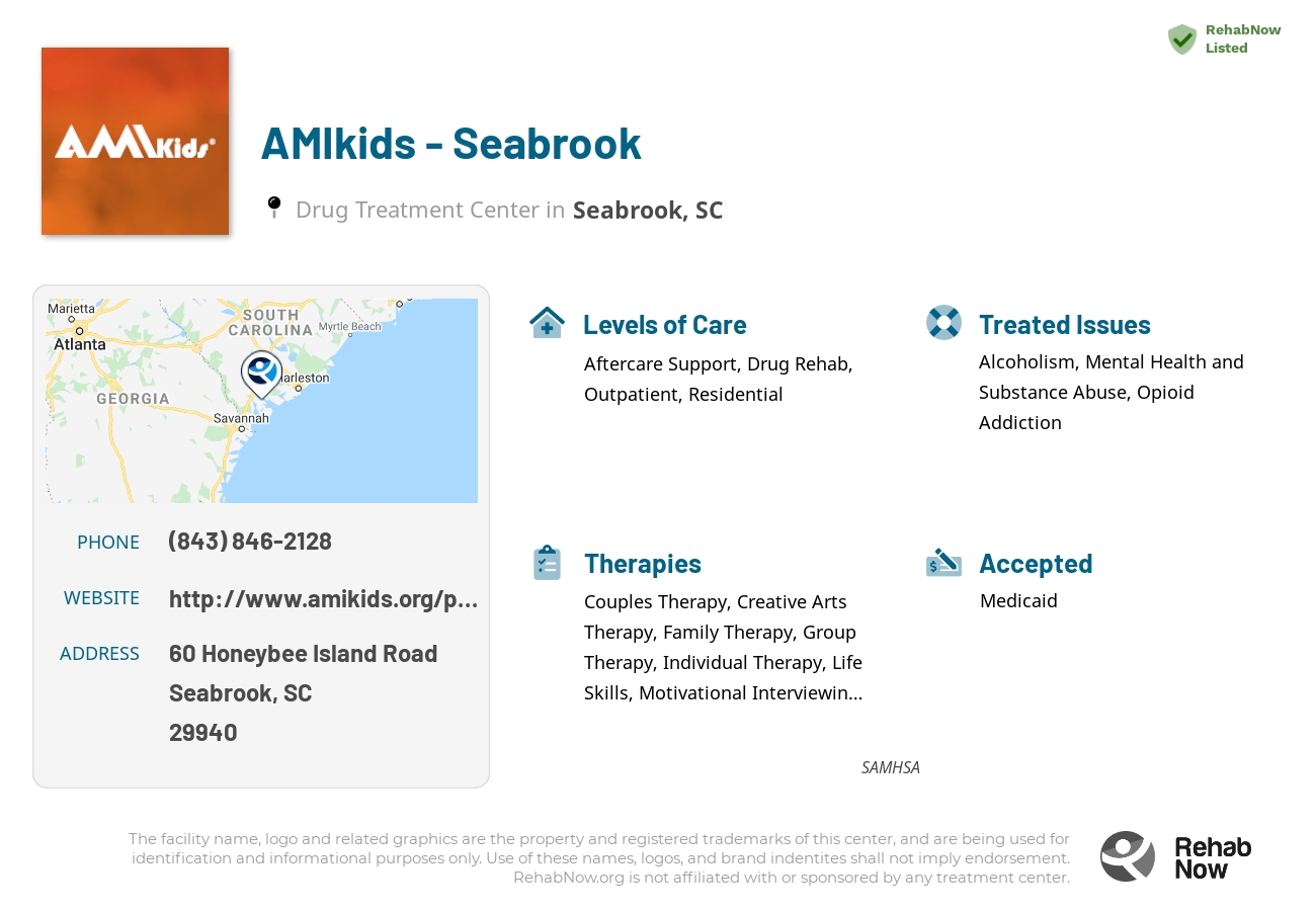 Helpful reference information for AMIkids - Seabrook, a drug treatment center in South Carolina located at: 60 60 Honeybee Island Road, Seabrook, SC 29940, including phone numbers, official website, and more. Listed briefly is an overview of Levels of Care, Therapies Offered, Issues Treated, and accepted forms of Payment Methods.