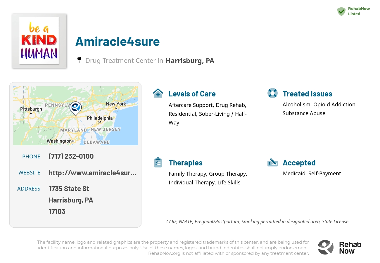 Helpful reference information for Amiracle4sure, a drug treatment center in Pennsylvania located at: 1735 State St, Harrisburg, PA 17103, including phone numbers, official website, and more. Listed briefly is an overview of Levels of Care, Therapies Offered, Issues Treated, and accepted forms of Payment Methods.