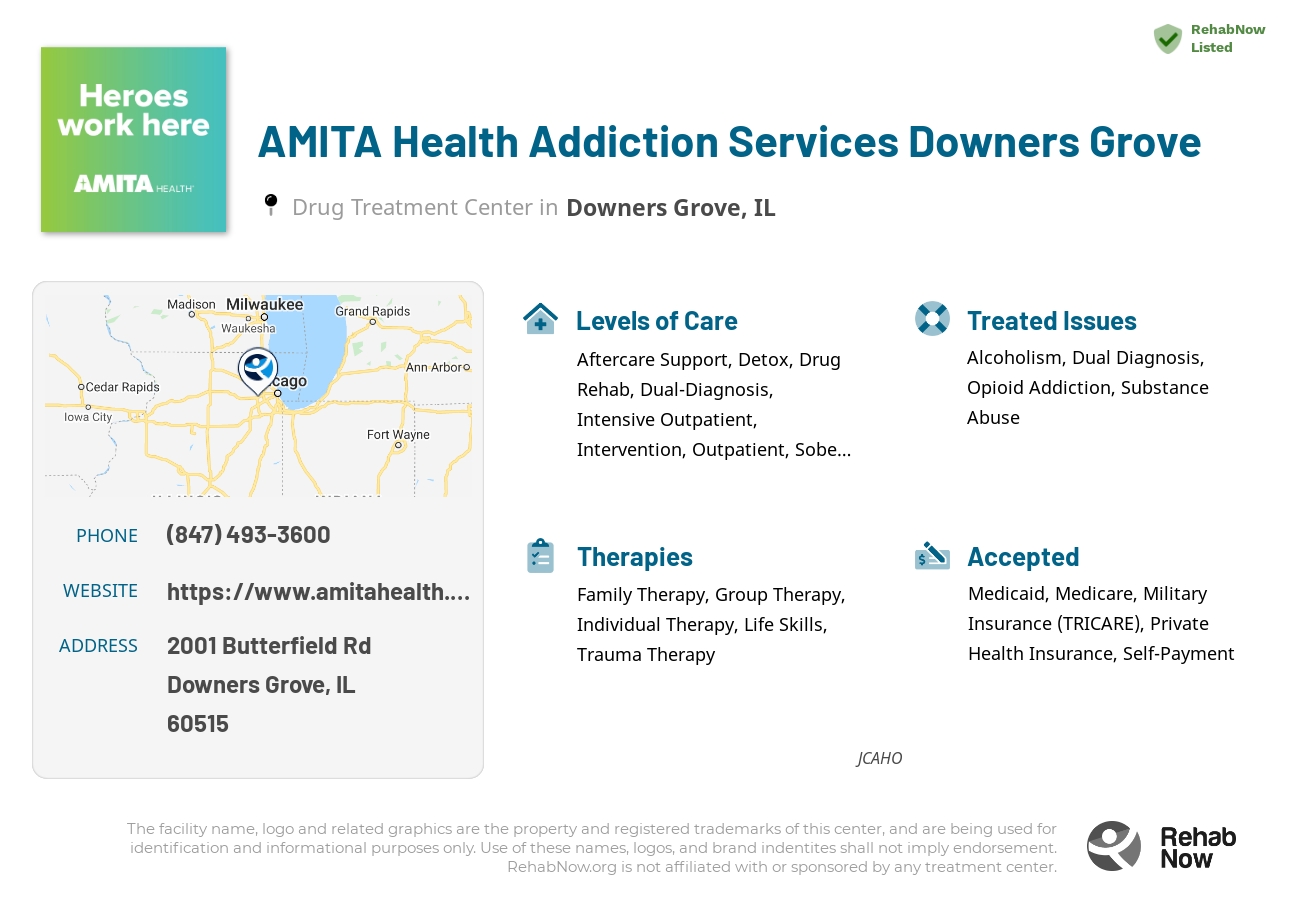 Helpful reference information for AMITA Health Addiction Services Downers Grove, a drug treatment center in Illinois located at: 2001 Butterfield Rd, Downers Grove, IL 60515, including phone numbers, official website, and more. Listed briefly is an overview of Levels of Care, Therapies Offered, Issues Treated, and accepted forms of Payment Methods.