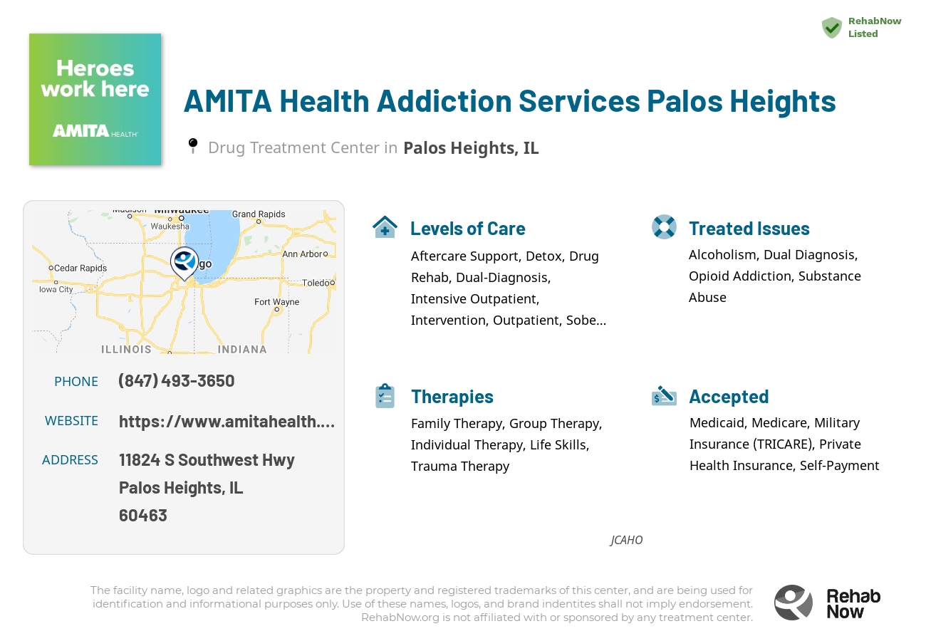 Helpful reference information for AMITA Health Addiction Services Palos Heights, a drug treatment center in Illinois located at: 11824 S Southwest Hwy, Palos Heights, IL 60463, including phone numbers, official website, and more. Listed briefly is an overview of Levels of Care, Therapies Offered, Issues Treated, and accepted forms of Payment Methods.