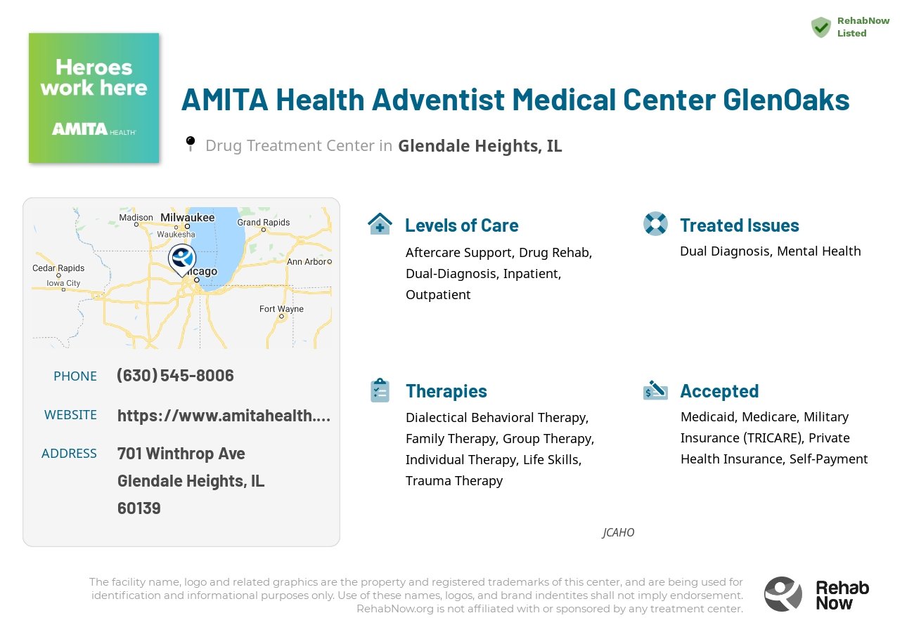 Helpful reference information for AMITA Health Adventist Medical Center GlenOaks, a drug treatment center in Illinois located at: 701 Winthrop Ave, Glendale Heights, IL 60139, including phone numbers, official website, and more. Listed briefly is an overview of Levels of Care, Therapies Offered, Issues Treated, and accepted forms of Payment Methods.
