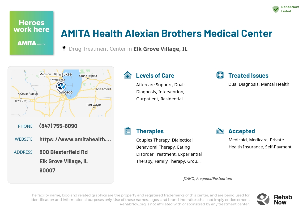 Helpful reference information for AMITA Health Alexian Brothers Medical Center, a drug treatment center in Illinois located at: 800 Biesterfield Rd, Elk Grove Village, IL 60007, including phone numbers, official website, and more. Listed briefly is an overview of Levels of Care, Therapies Offered, Issues Treated, and accepted forms of Payment Methods.