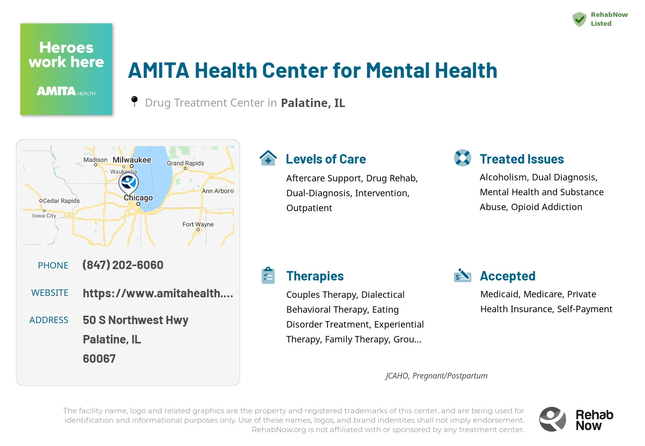 Helpful reference information for AMITA Health Center for Mental Health, a drug treatment center in Illinois located at: 50 S Northwest Hwy, Palatine, IL 60067, including phone numbers, official website, and more. Listed briefly is an overview of Levels of Care, Therapies Offered, Issues Treated, and accepted forms of Payment Methods.