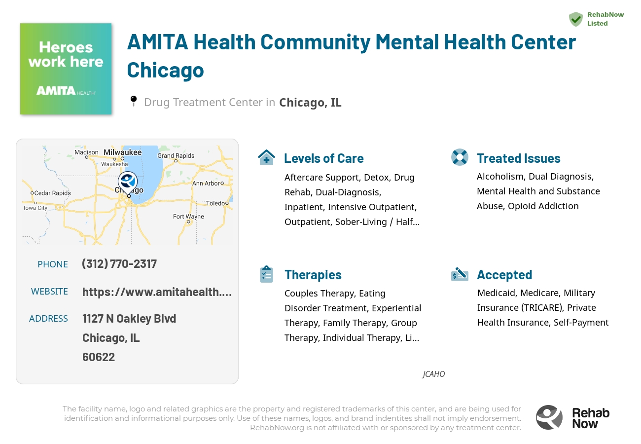 Helpful reference information for AMITA Health Community Mental Health Center Chicago, a drug treatment center in Illinois located at: 1127 N Oakley Blvd, Chicago, IL 60622, including phone numbers, official website, and more. Listed briefly is an overview of Levels of Care, Therapies Offered, Issues Treated, and accepted forms of Payment Methods.