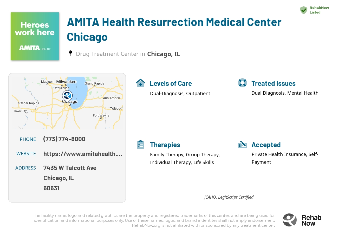 Helpful reference information for AMITA Health Resurrection Medical Center Chicago, a drug treatment center in Illinois located at: 7435 W Talcott Ave, Chicago, IL 60631, including phone numbers, official website, and more. Listed briefly is an overview of Levels of Care, Therapies Offered, Issues Treated, and accepted forms of Payment Methods.