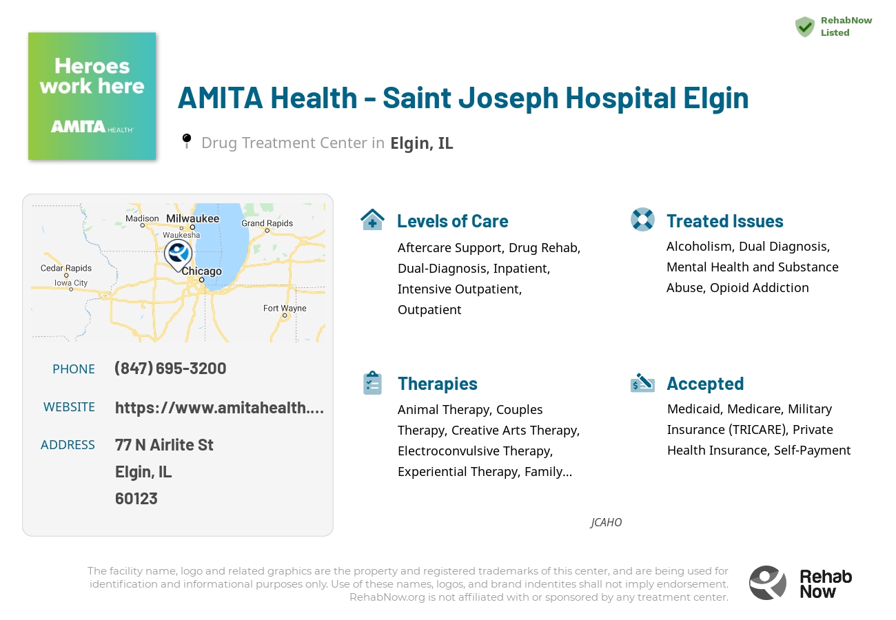 Helpful reference information for AMITA Health - Saint Joseph Hospital Elgin, a drug treatment center in Illinois located at: 77 N Airlite St, Elgin, IL 60123, including phone numbers, official website, and more. Listed briefly is an overview of Levels of Care, Therapies Offered, Issues Treated, and accepted forms of Payment Methods.