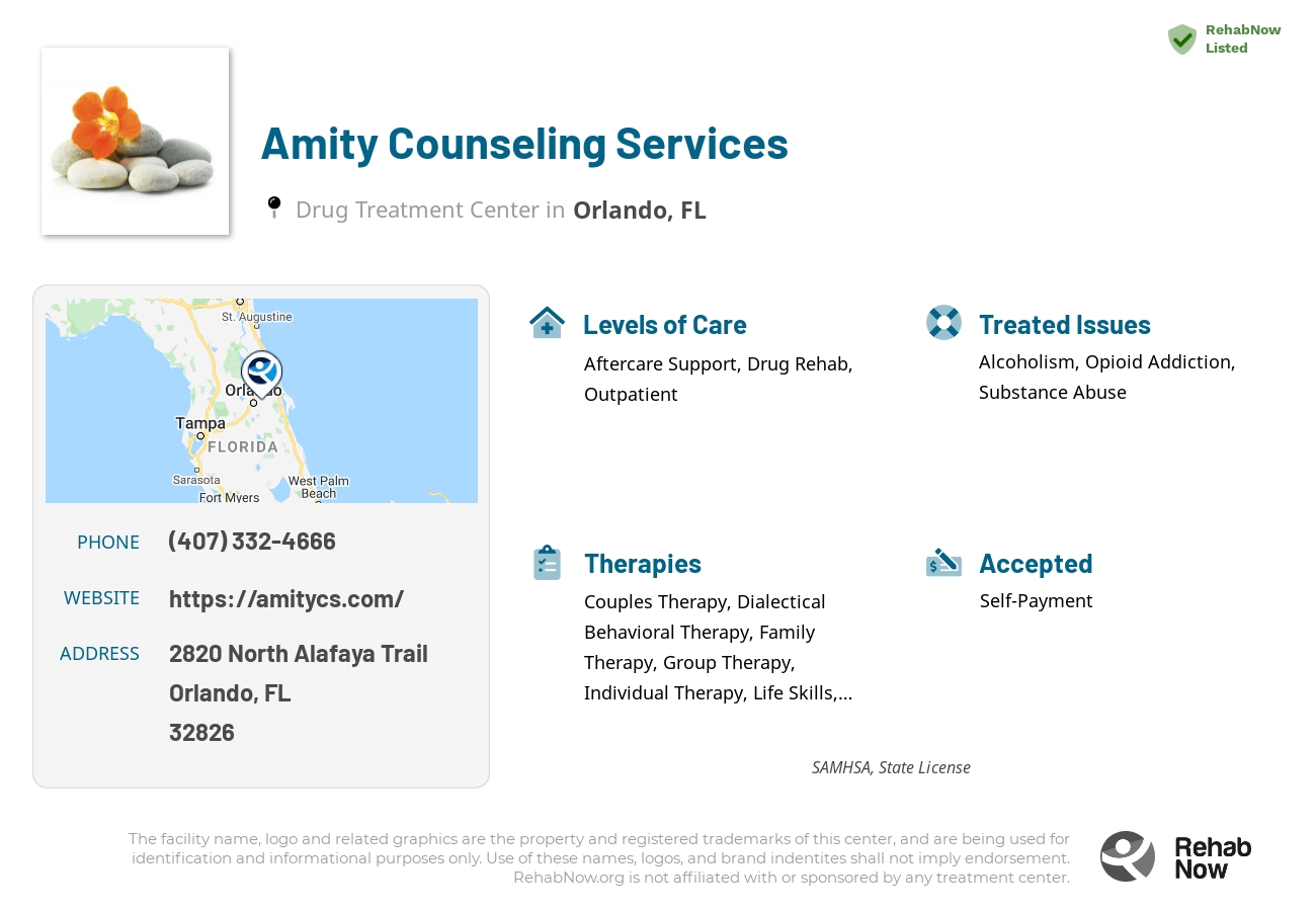 Helpful reference information for Amity Counseling Services, a drug treatment center in Florida located at: 2820 North Alafaya Trail, Orlando, FL, 32826, including phone numbers, official website, and more. Listed briefly is an overview of Levels of Care, Therapies Offered, Issues Treated, and accepted forms of Payment Methods.