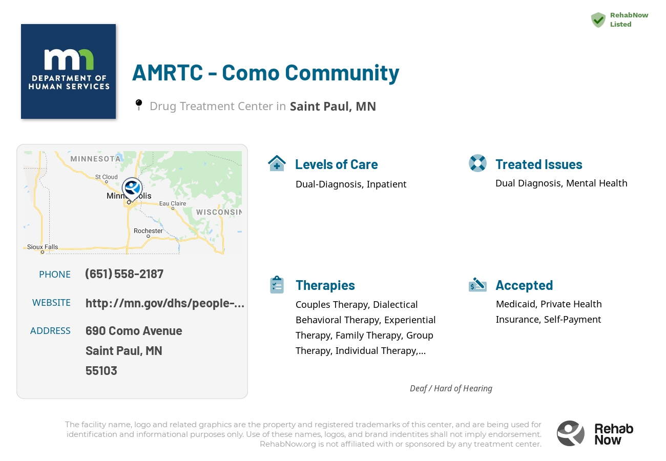 Helpful reference information for AMRTC - Como Community, a drug treatment center in Minnesota located at: 690 690 Como Avenue, Saint Paul, MN 55103, including phone numbers, official website, and more. Listed briefly is an overview of Levels of Care, Therapies Offered, Issues Treated, and accepted forms of Payment Methods.