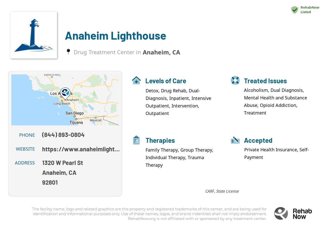 Helpful reference information for Anaheim Lighthouse, a drug treatment center in California located at: 1320 W Pearl St, Anaheim, CA 92801, including phone numbers, official website, and more. Listed briefly is an overview of Levels of Care, Therapies Offered, Issues Treated, and accepted forms of Payment Methods.