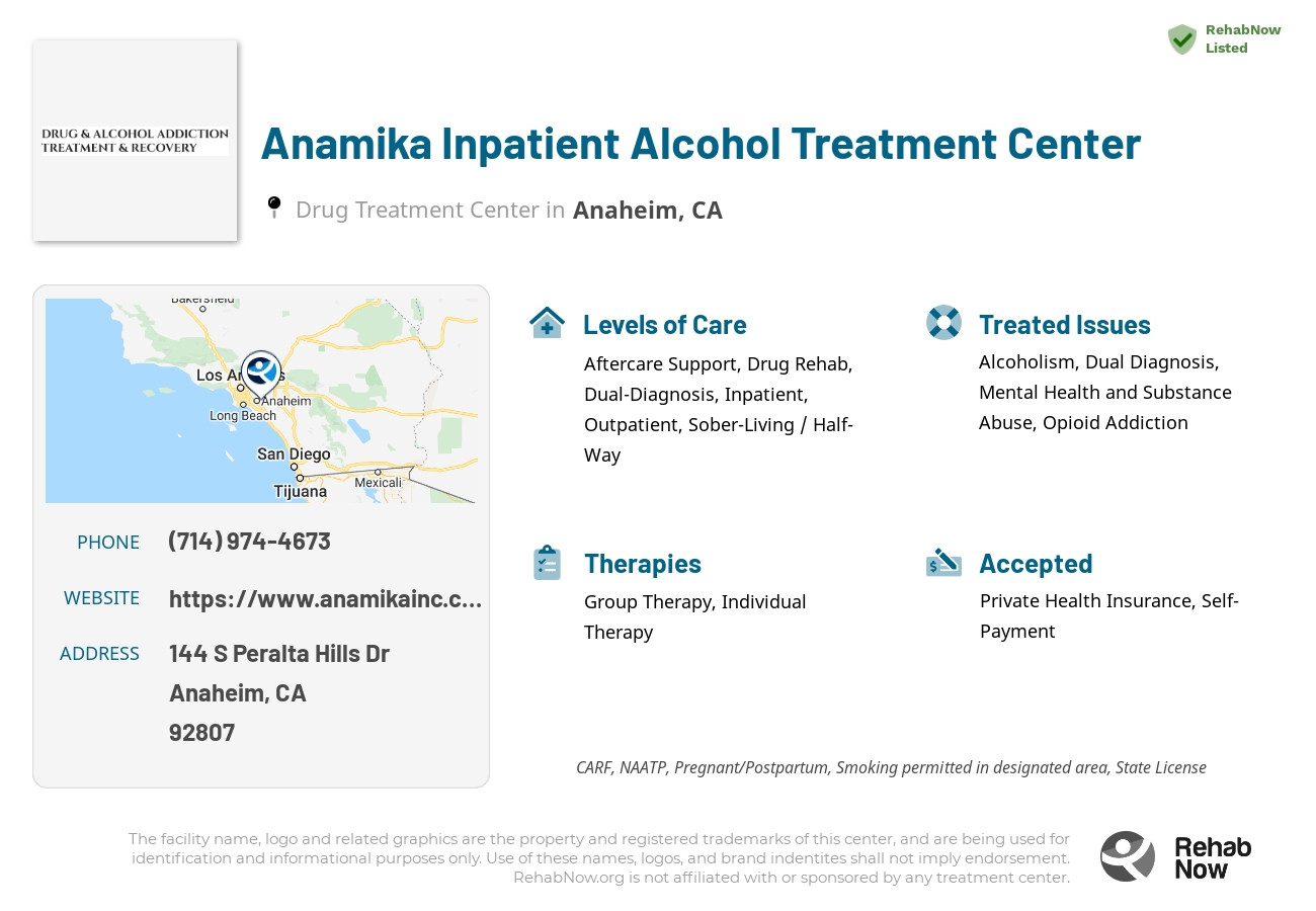 Helpful reference information for Anamika Inpatient Alcohol Treatment Center, a drug treatment center in California located at: 144 S Peralta Hills Dr, Anaheim, CA 92807, including phone numbers, official website, and more. Listed briefly is an overview of Levels of Care, Therapies Offered, Issues Treated, and accepted forms of Payment Methods.