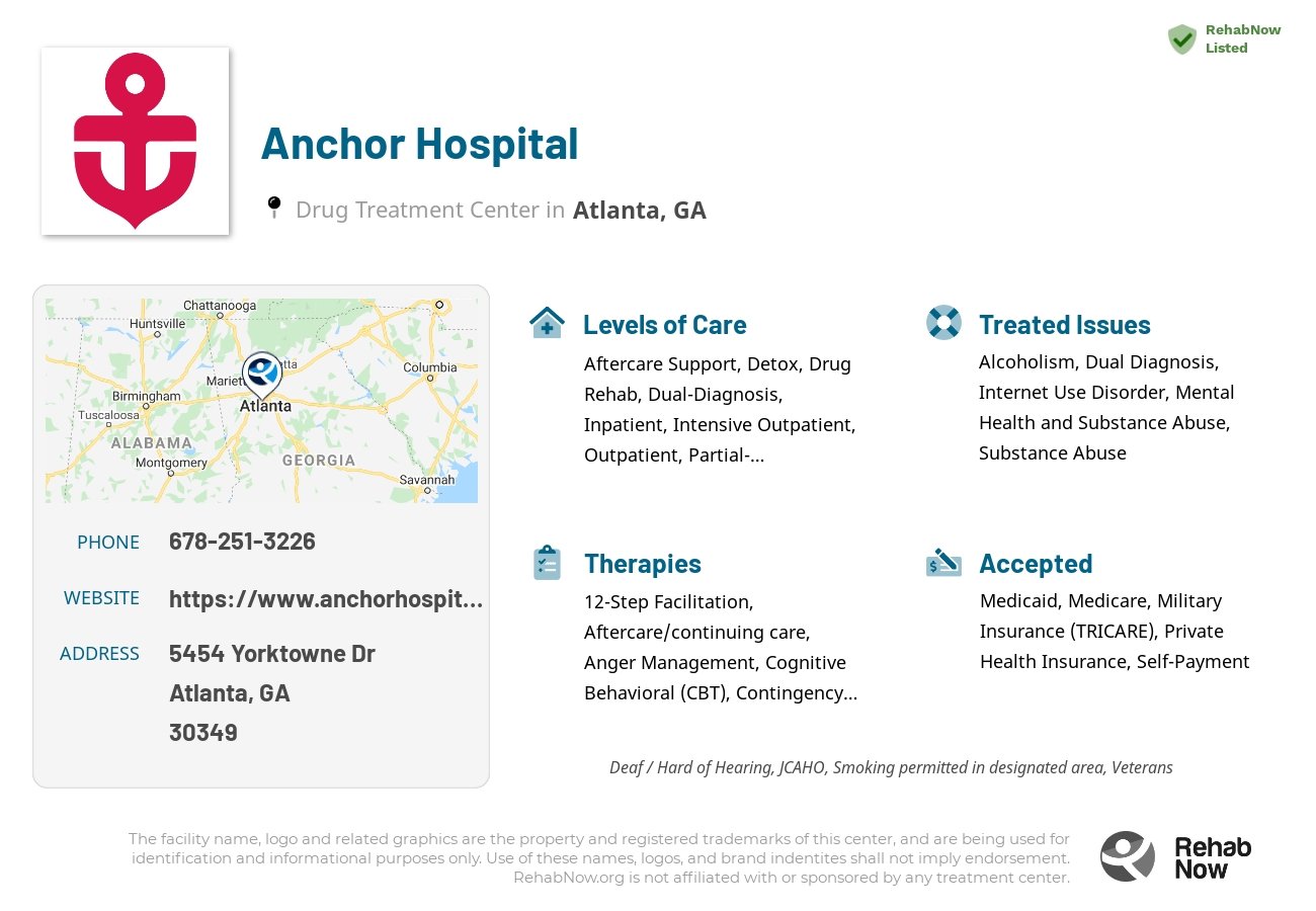 Helpful reference information for Anchor Hospital, a drug treatment center in Georgia located at: 5454 Yorktowne Dr, Atlanta, GA 30349, including phone numbers, official website, and more. Listed briefly is an overview of Levels of Care, Therapies Offered, Issues Treated, and accepted forms of Payment Methods.