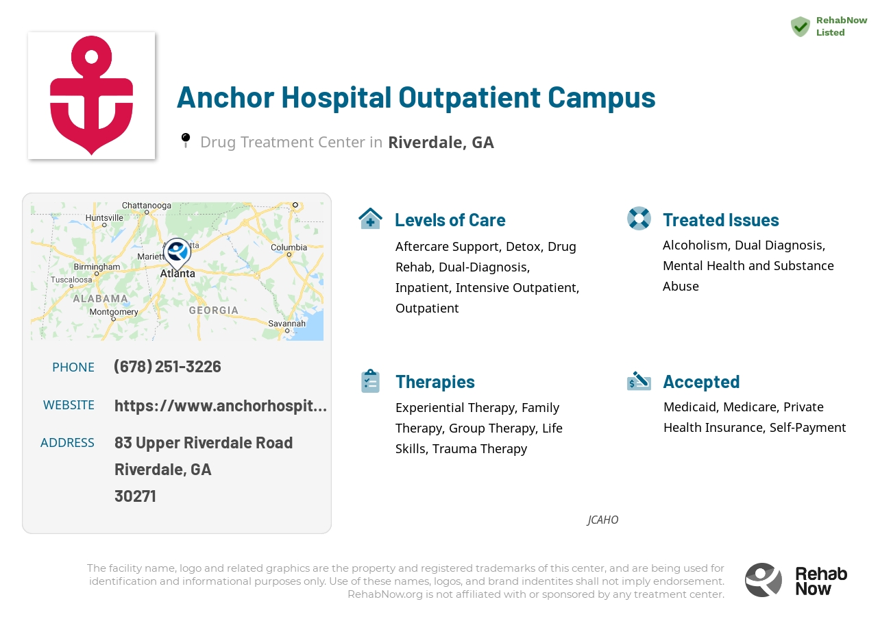 Helpful reference information for Anchor Hospital Outpatient Campus, a drug treatment center in Georgia located at: 83 83 Upper Riverdale Road, Riverdale, GA 30271, including phone numbers, official website, and more. Listed briefly is an overview of Levels of Care, Therapies Offered, Issues Treated, and accepted forms of Payment Methods.