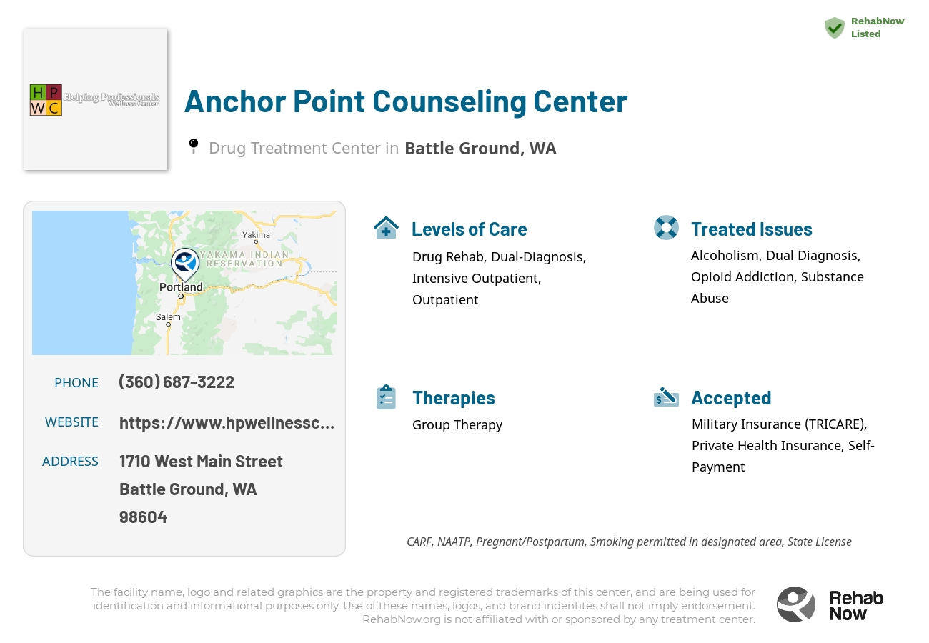 Helpful reference information for Anchor Point Counseling Center, a drug treatment center in Washington located at: 1710 West Main Street, Battle Ground, WA, 98604, including phone numbers, official website, and more. Listed briefly is an overview of Levels of Care, Therapies Offered, Issues Treated, and accepted forms of Payment Methods.