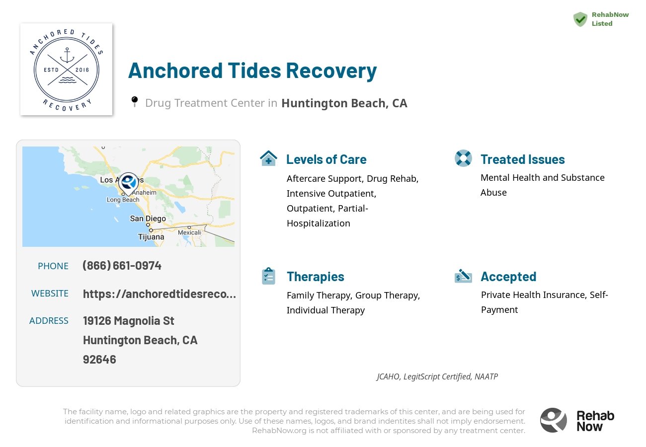 Helpful reference information for Anchored Tides Recovery, a drug treatment center in California located at: 19126 Magnolia St, Huntington Beach, CA, 92646, including phone numbers, official website, and more. Listed briefly is an overview of Levels of Care, Therapies Offered, Issues Treated, and accepted forms of Payment Methods.