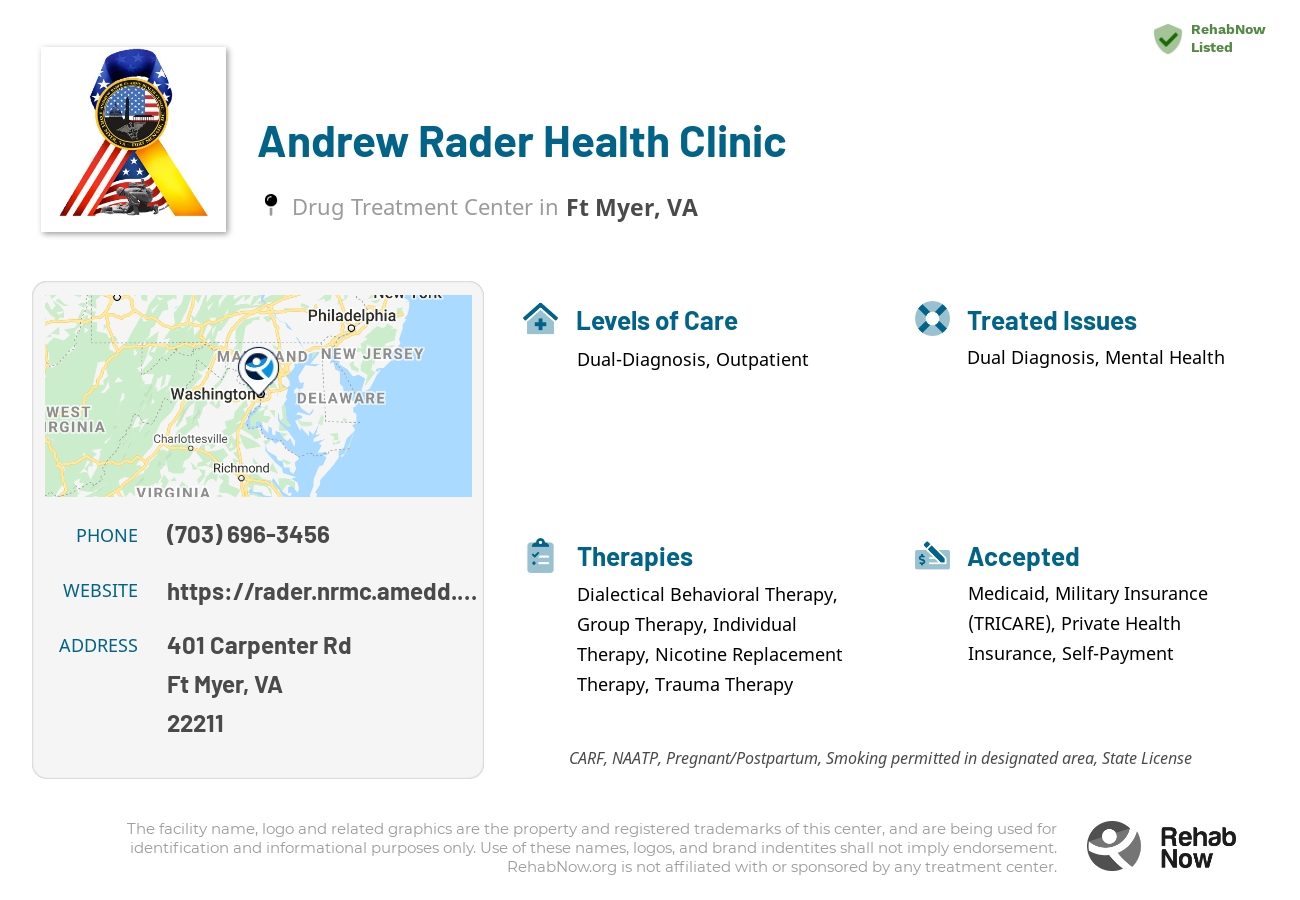 Helpful reference information for Andrew Rader Health Clinic, a drug treatment center in Virginia located at: 401 Carpenter Rd, Ft Myer, VA 22211, including phone numbers, official website, and more. Listed briefly is an overview of Levels of Care, Therapies Offered, Issues Treated, and accepted forms of Payment Methods.