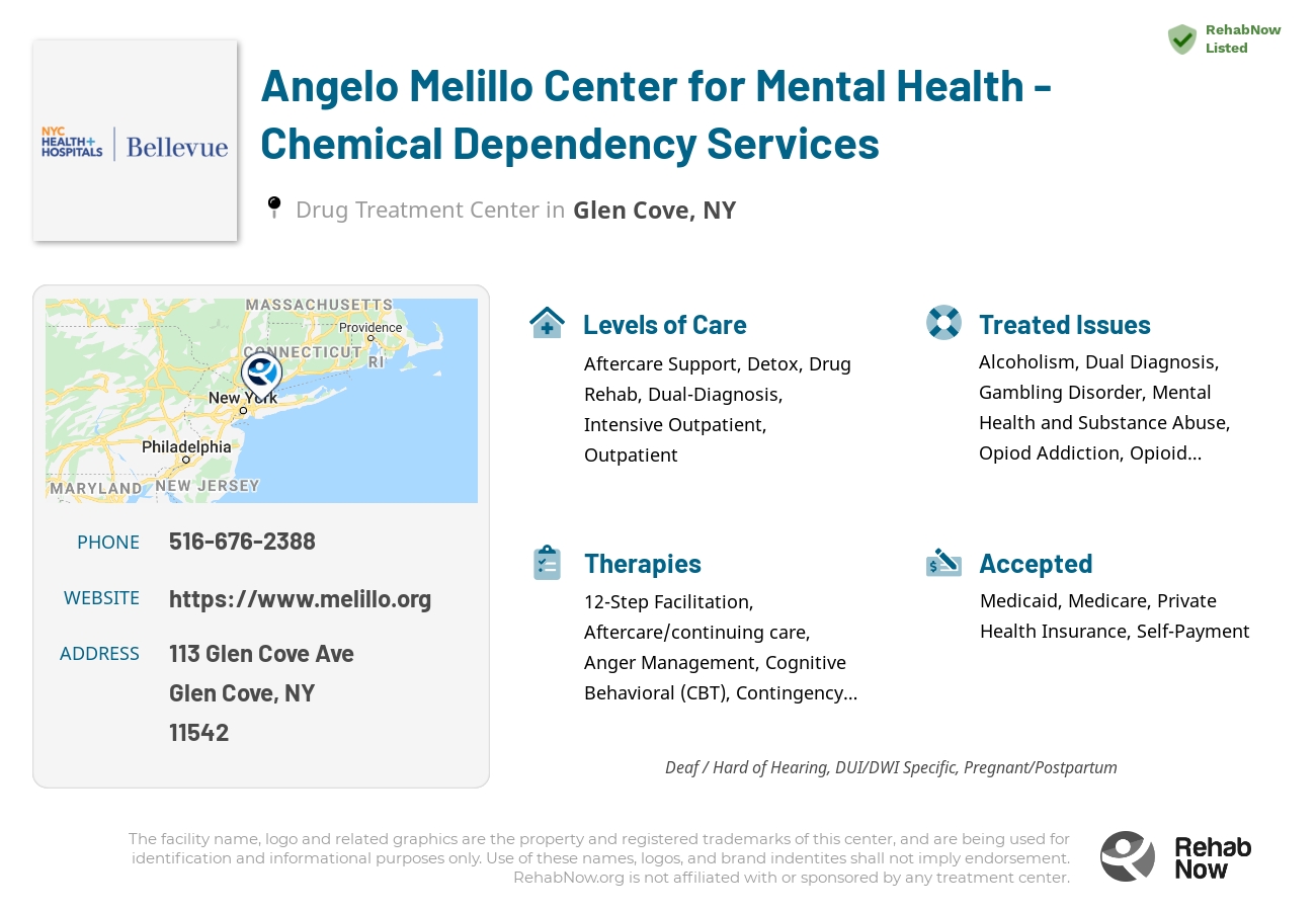 Helpful reference information for Angelo Melillo Center for Mental Health - Chemical Dependency Services, a drug treatment center in New York located at: 113 Glen Cove Ave, Glen Cove, NY 11542, including phone numbers, official website, and more. Listed briefly is an overview of Levels of Care, Therapies Offered, Issues Treated, and accepted forms of Payment Methods.