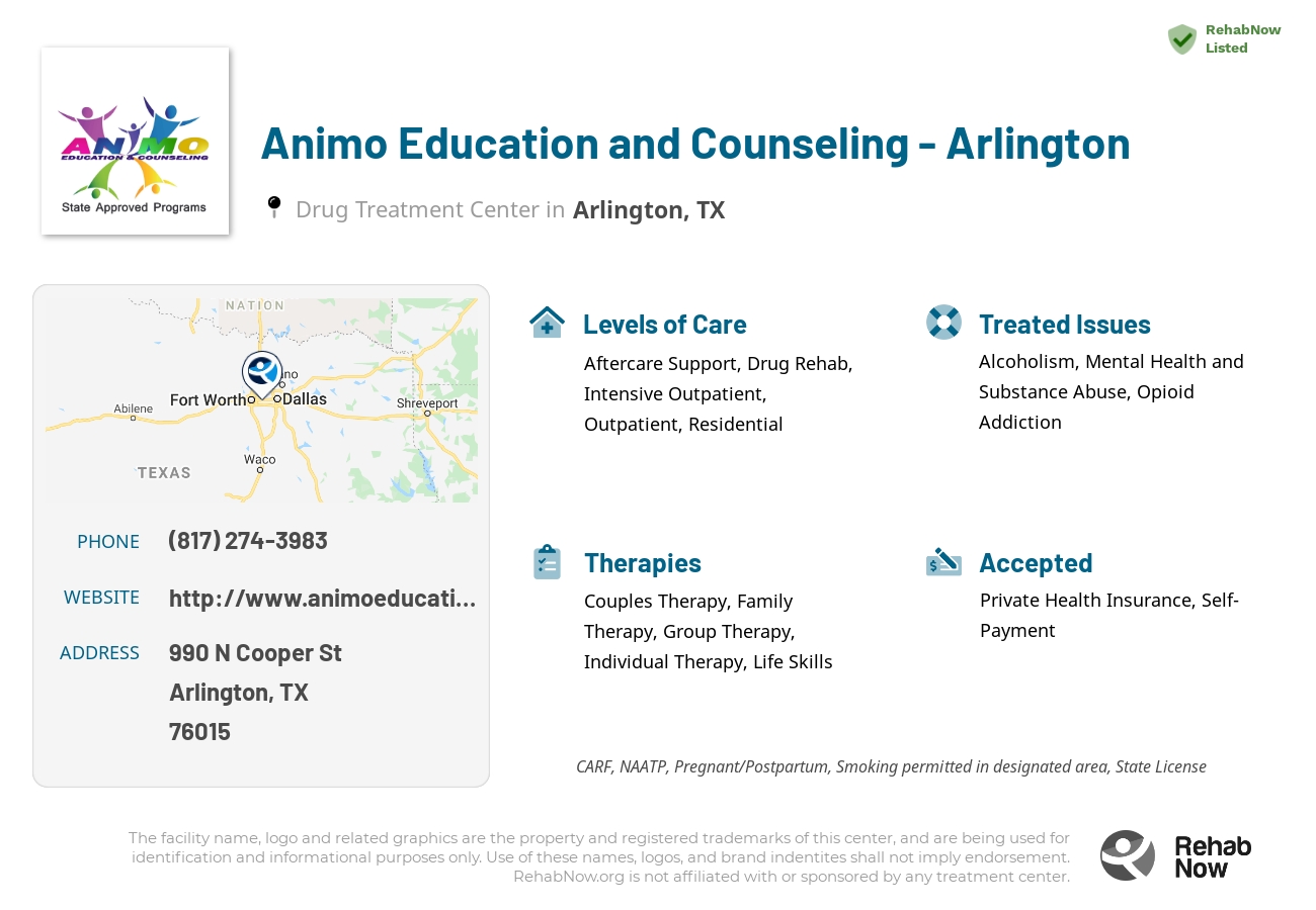 Helpful reference information for Animo Education and Counseling - Arlington, a drug treatment center in Texas located at: 990 N Cooper St, Arlington, TX 76015, including phone numbers, official website, and more. Listed briefly is an overview of Levels of Care, Therapies Offered, Issues Treated, and accepted forms of Payment Methods.