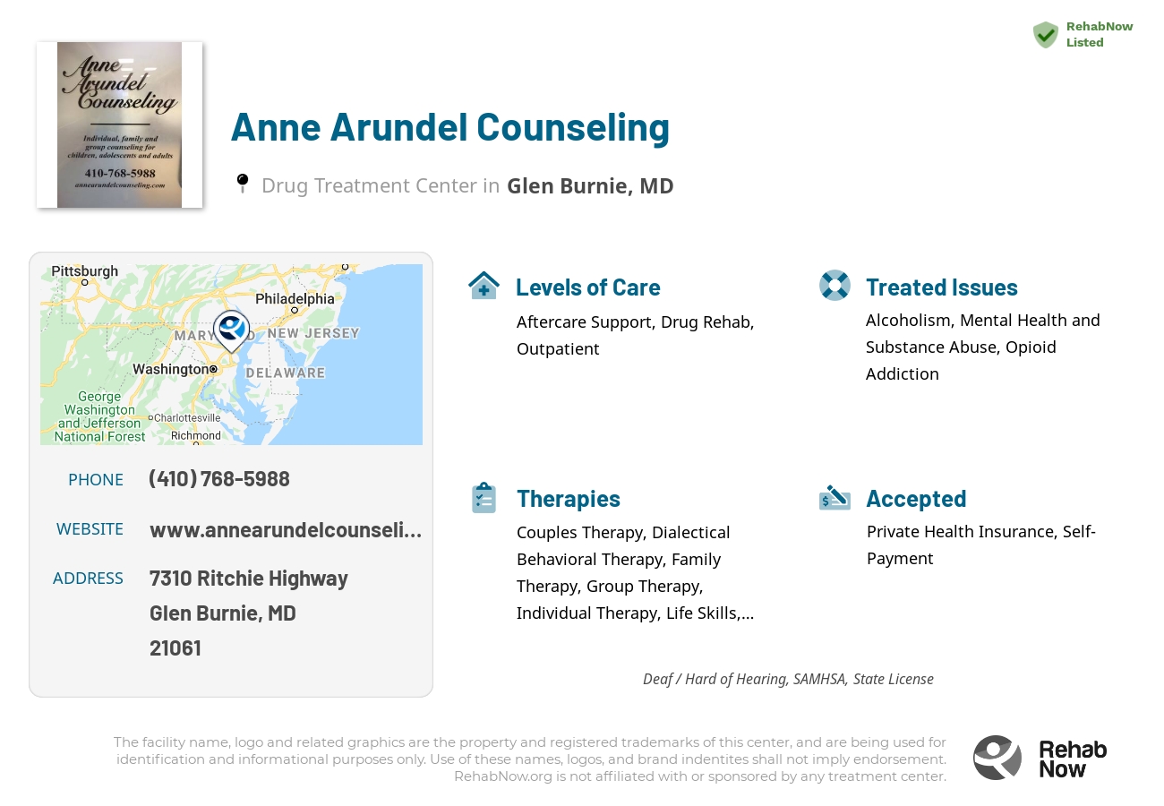 Helpful reference information for Anne Arundel Counseling, a drug treatment center in Maryland located at: 7310 Ritchie Highway, Glen Burnie, MD, 21061, including phone numbers, official website, and more. Listed briefly is an overview of Levels of Care, Therapies Offered, Issues Treated, and accepted forms of Payment Methods.