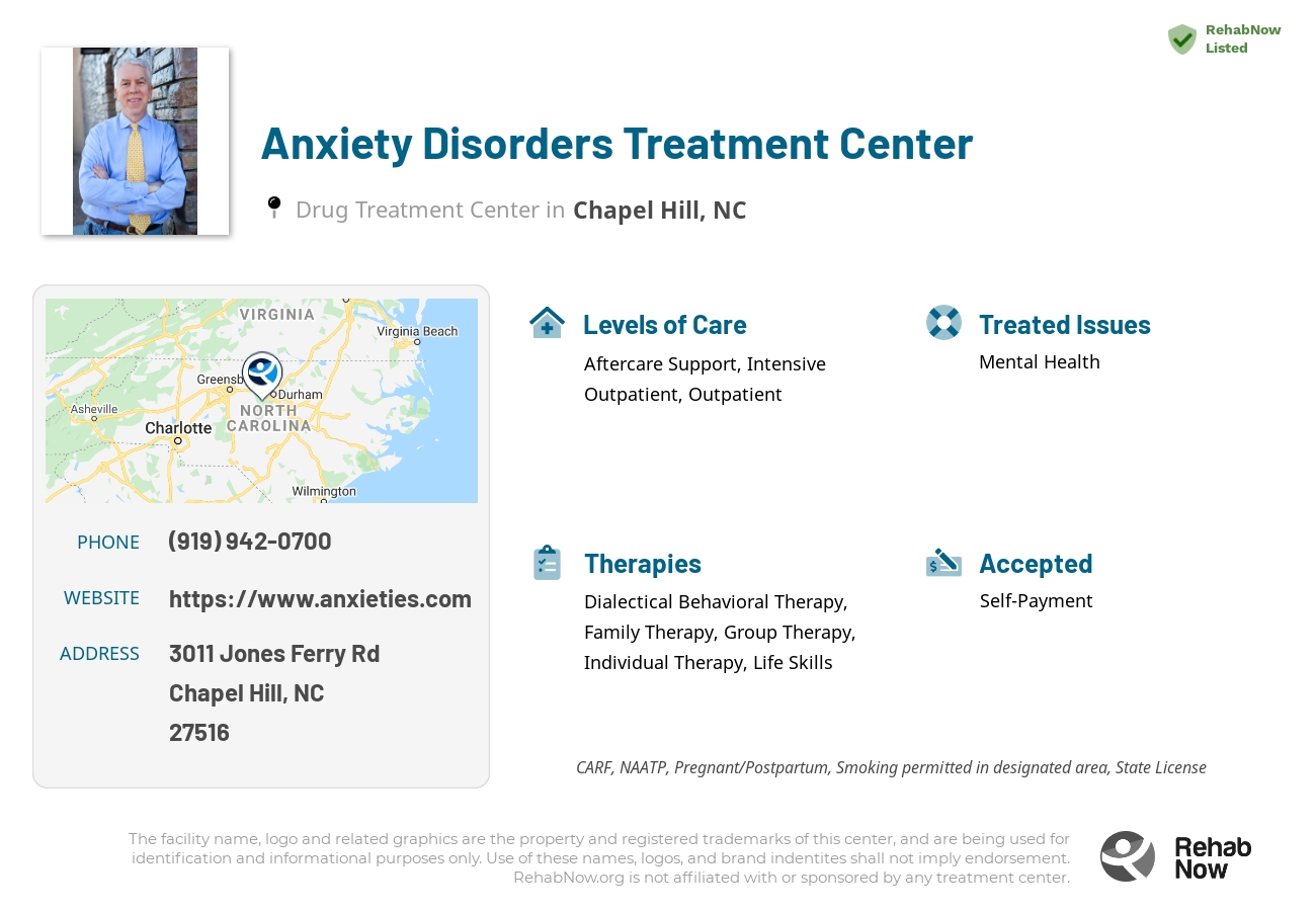 Helpful reference information for Anxiety Disorders Treatment Center, a drug treatment center in North Carolina located at: 3011 Jones Ferry Rd, Chapel Hill, NC 27516, including phone numbers, official website, and more. Listed briefly is an overview of Levels of Care, Therapies Offered, Issues Treated, and accepted forms of Payment Methods.