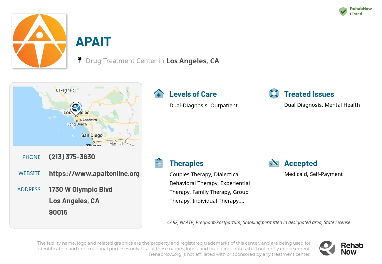 Helpful reference information for APAIT, a drug treatment center in California located at: 1730 W Olympic Blvd, Los Angeles, CA 90015, including phone numbers, official website, and more. Listed briefly is an overview of Levels of Care, Therapies Offered, Issues Treated, and accepted forms of Payment Methods.