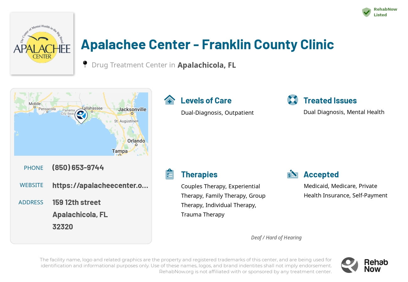 Helpful reference information for Apalachee Center - Franklin County Clinic, a drug treatment center in Florida located at: 159 12th street, Apalachicola, FL, 32320, including phone numbers, official website, and more. Listed briefly is an overview of Levels of Care, Therapies Offered, Issues Treated, and accepted forms of Payment Methods.