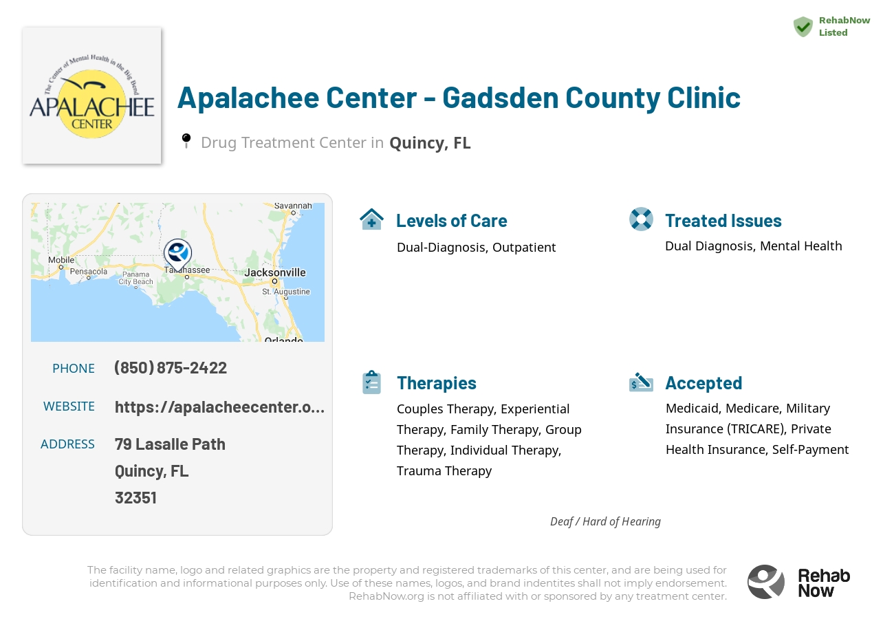 Helpful reference information for Apalachee Center - Gadsden County Clinic, a drug treatment center in Florida located at: 79 Lasalle Path, Quincy, FL, 32351, including phone numbers, official website, and more. Listed briefly is an overview of Levels of Care, Therapies Offered, Issues Treated, and accepted forms of Payment Methods.