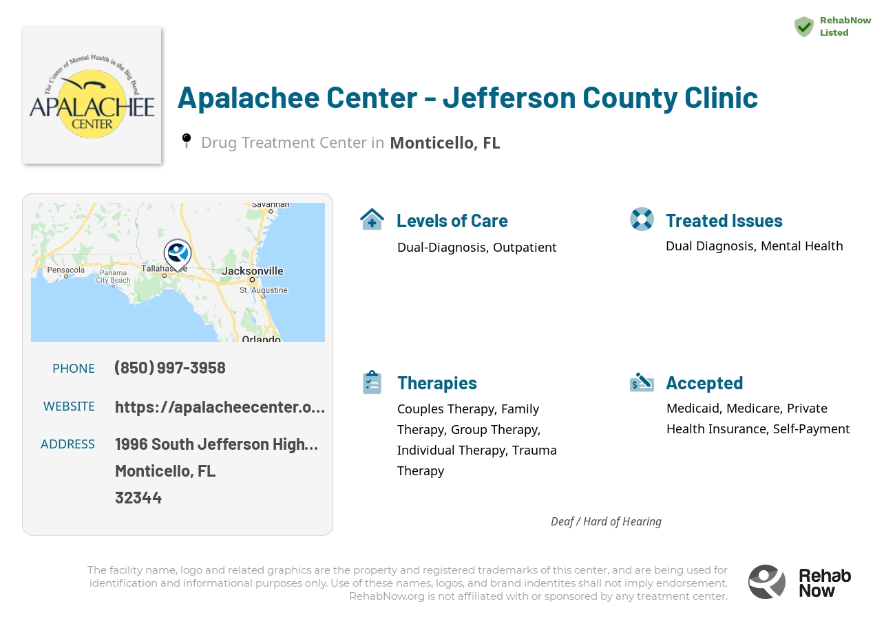 Helpful reference information for Apalachee Center - Jefferson County Clinic, a drug treatment center in Florida located at: 1996 South Jefferson Highway, Monticello, FL, 32344, including phone numbers, official website, and more. Listed briefly is an overview of Levels of Care, Therapies Offered, Issues Treated, and accepted forms of Payment Methods.